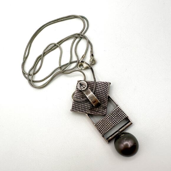 Ammolite Pendant Sterling Silver Necklace | Black Tourmaline? Black Pearl Signed - Picture 7 of 13